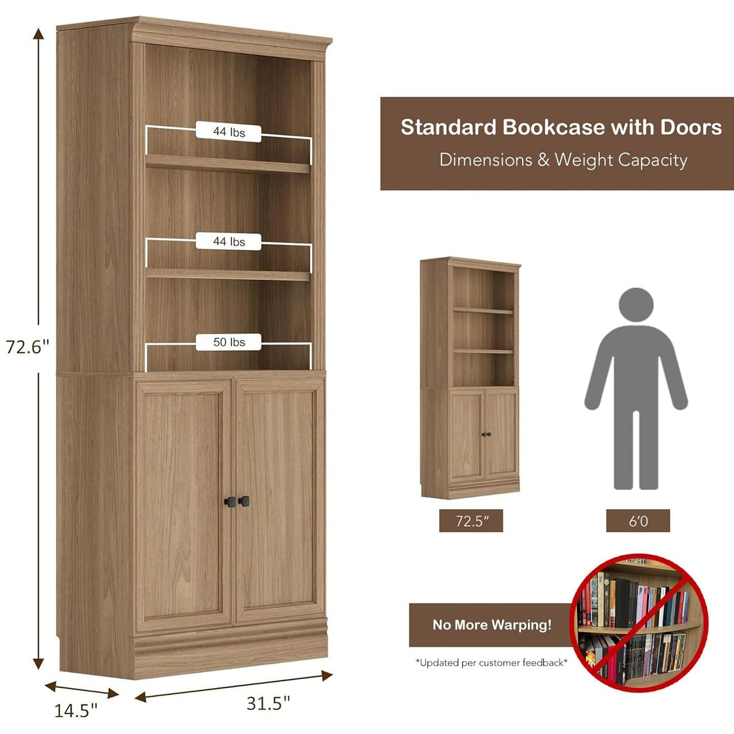 VAUXHILL & CO. Halston Standard Bookcase, Doors, Adjustable Shelving Unit, Oak