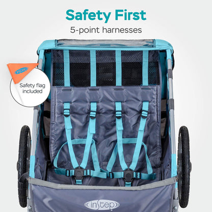 InStep Take 2 Folding Frame Outdoor Nylon Bike Trailer with Double Seat, Blue