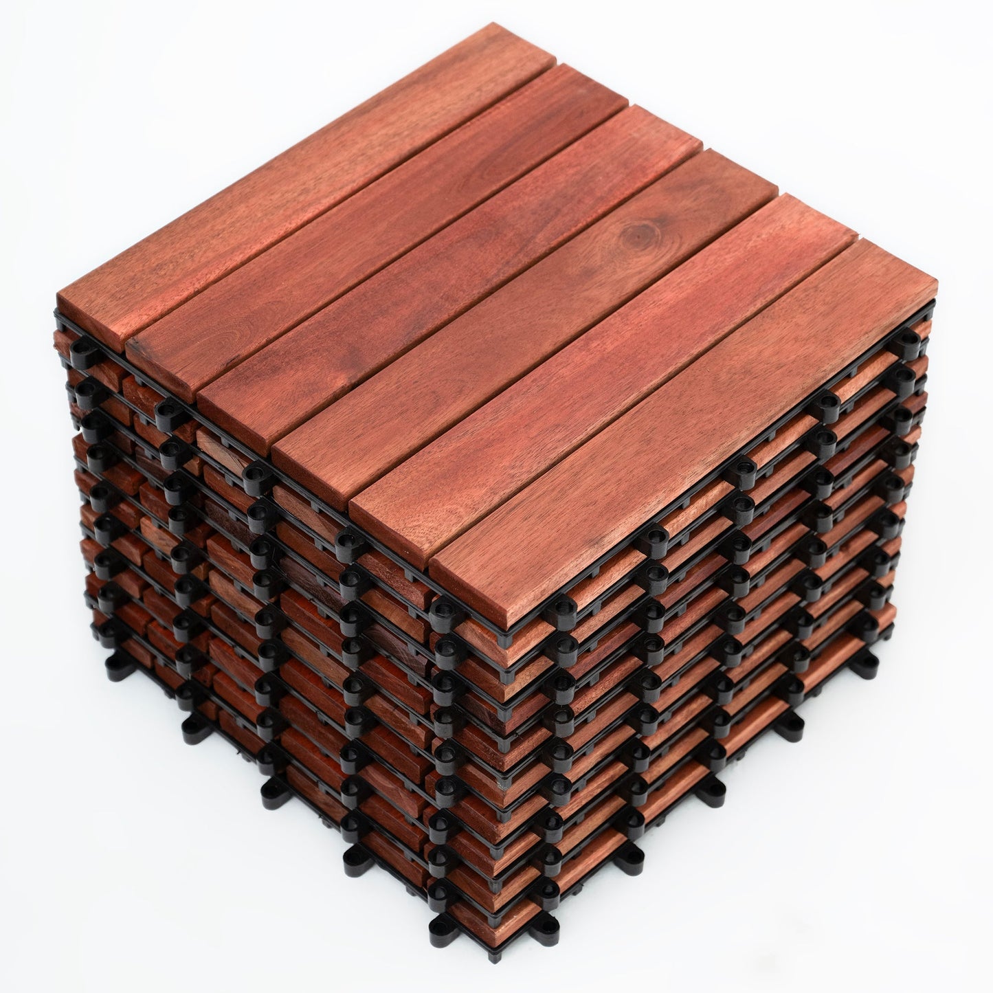 Bliss Outdoors Hardwood 6-Slat Interlocking Wood Deck Tiles, Red, Set of 10