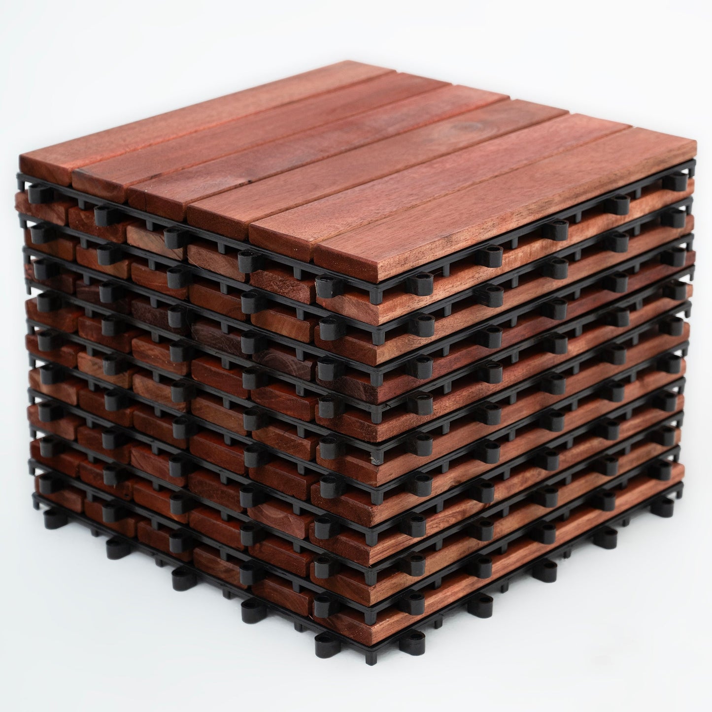 Bliss Outdoors Hardwood 6-Slat Interlocking Wood Deck Tiles, Red, Set of 10