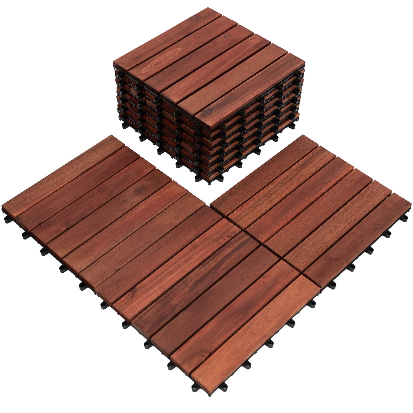 Bliss Outdoors Hardwood 6-Slat Interlocking Wood Deck Tiles, Red, Set of 10