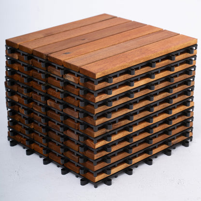 Bliss Outdoors Hardwood 6-Slat Interlocking Wood Deck Tiles, Natural, Set of 30