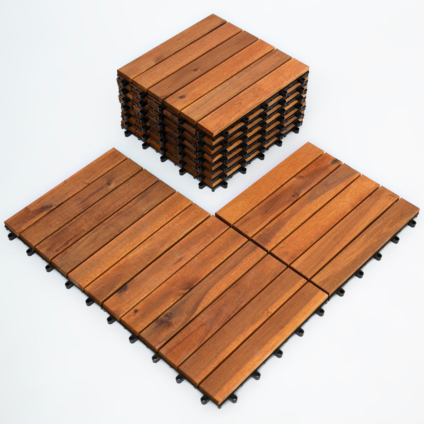 Bliss Outdoors Hardwood 6-Slat Interlocking Wood Deck Tiles, Natural, Set of 30