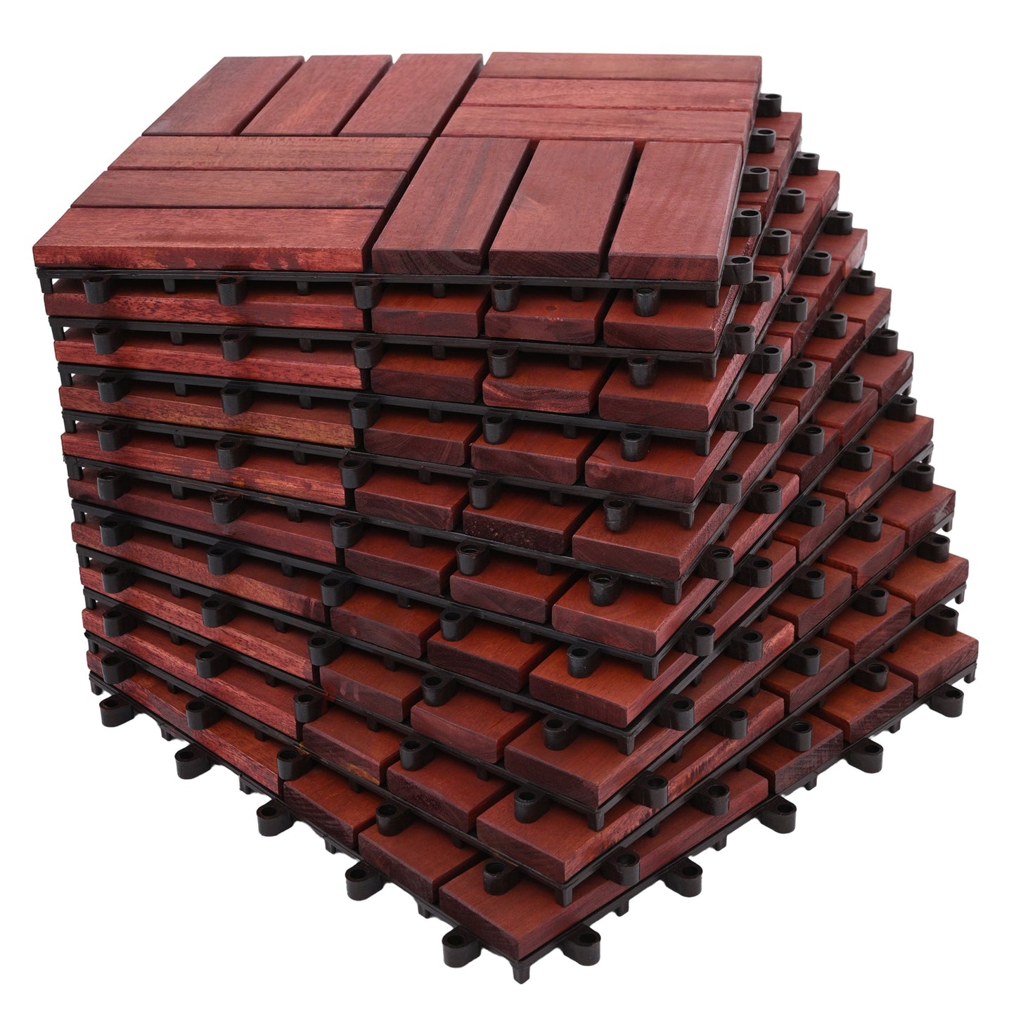 Bliss Outdoors Hardwood 12-Slat Interlocking Wood Deck Tiles, Red, Set of 30