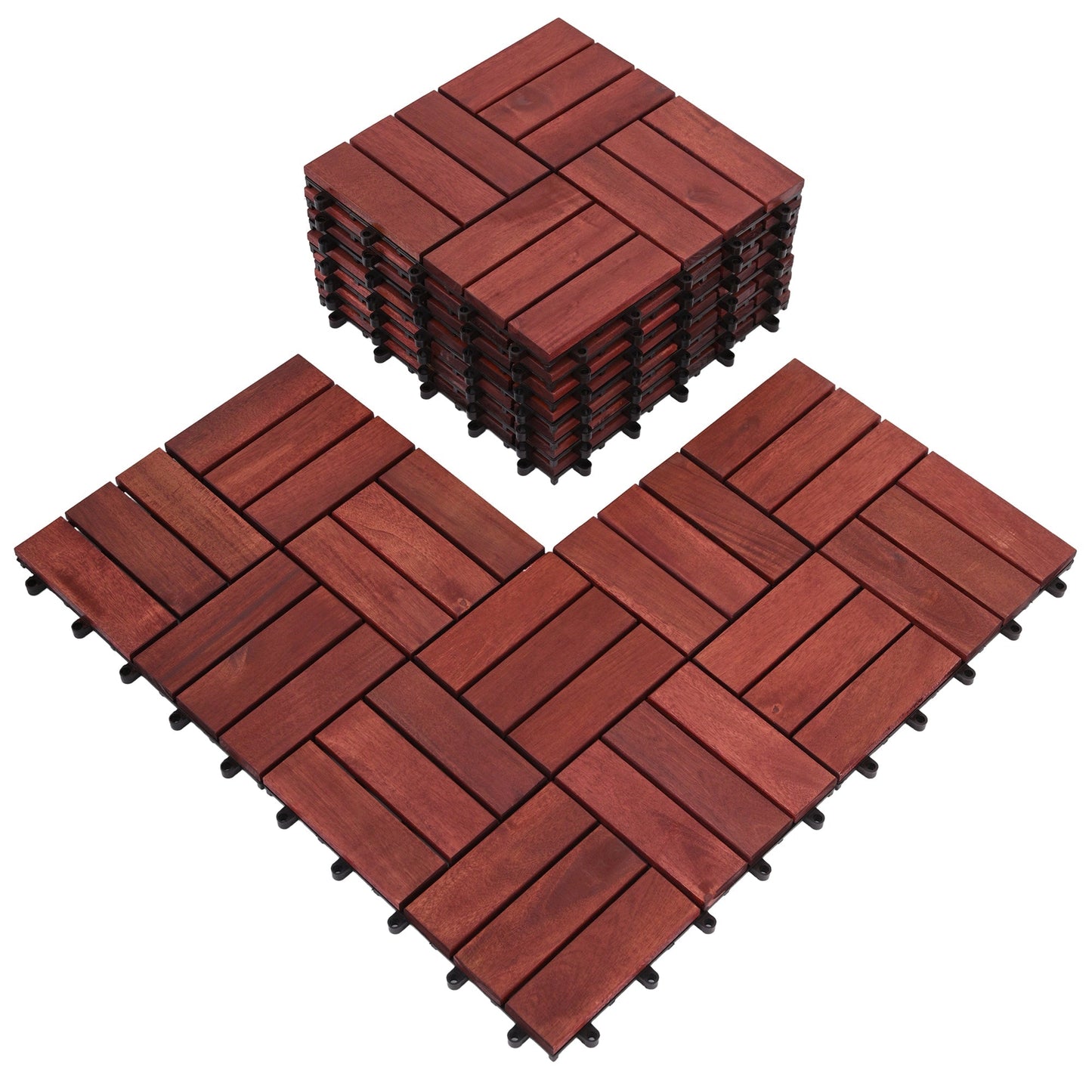 Bliss Outdoors Hardwood 12-Slat Interlocking Wood Deck Tiles, Red, Set of 30