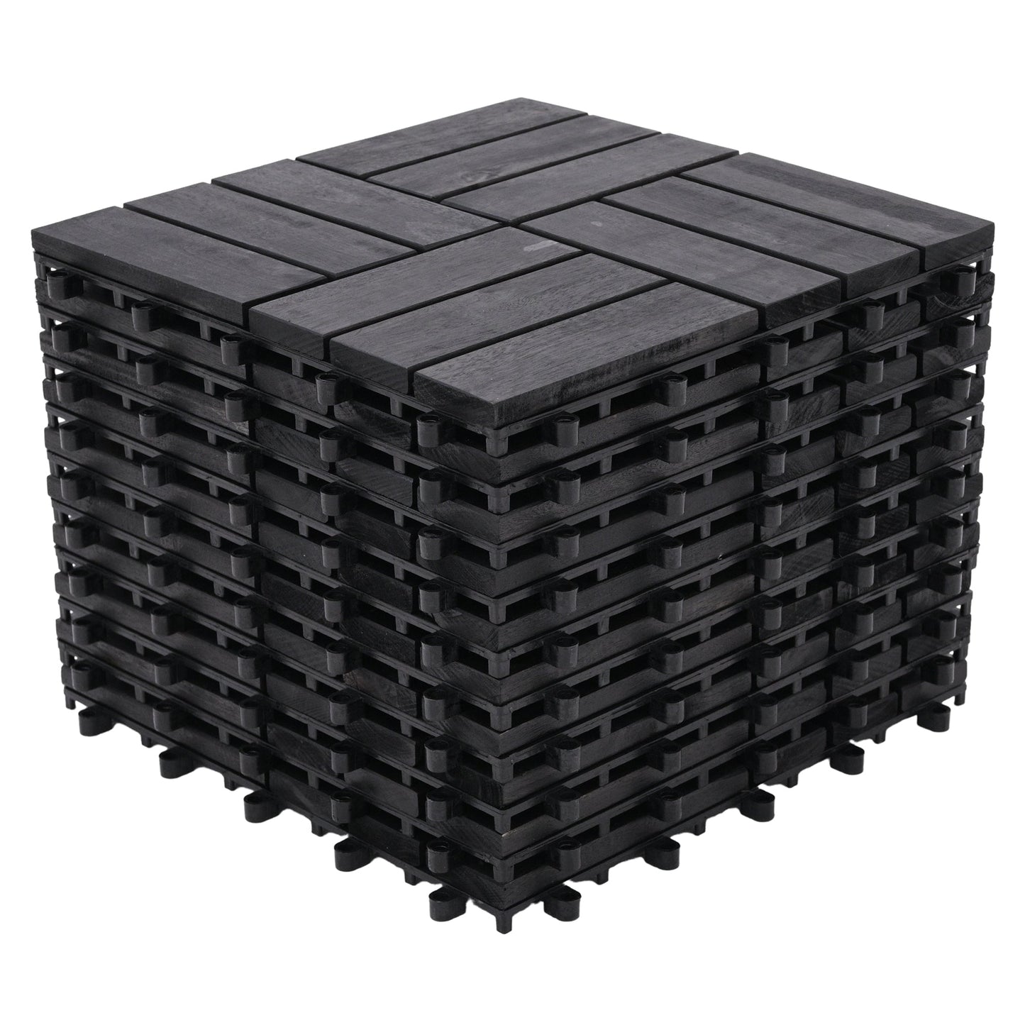 Bliss Outdoors Hardwood 12-Slat Interlocking Wood Deck Tiles, Black, Set of 30