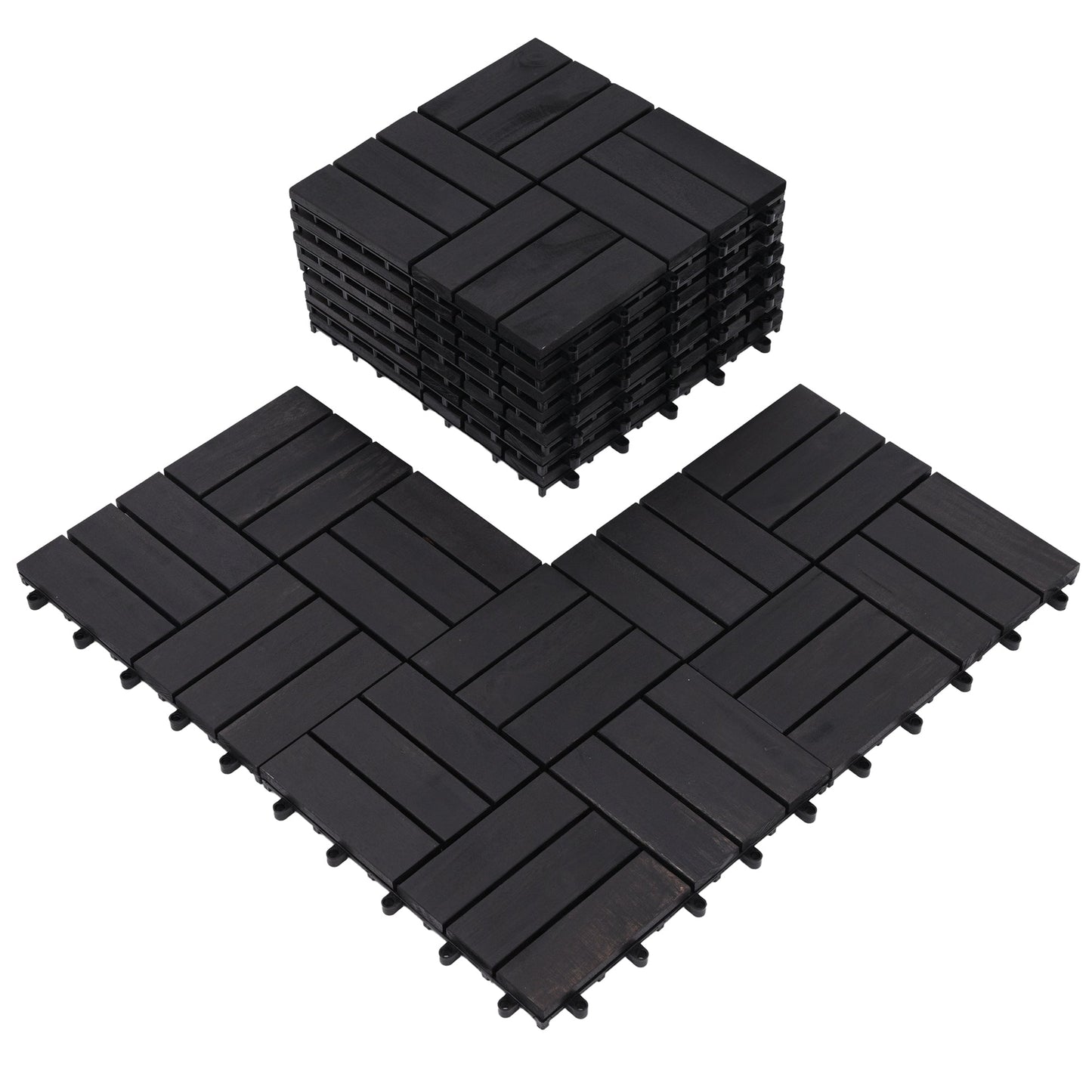 Bliss Outdoors Hardwood 12-Slat Interlocking Wood Deck Tiles, Black, Set of 30