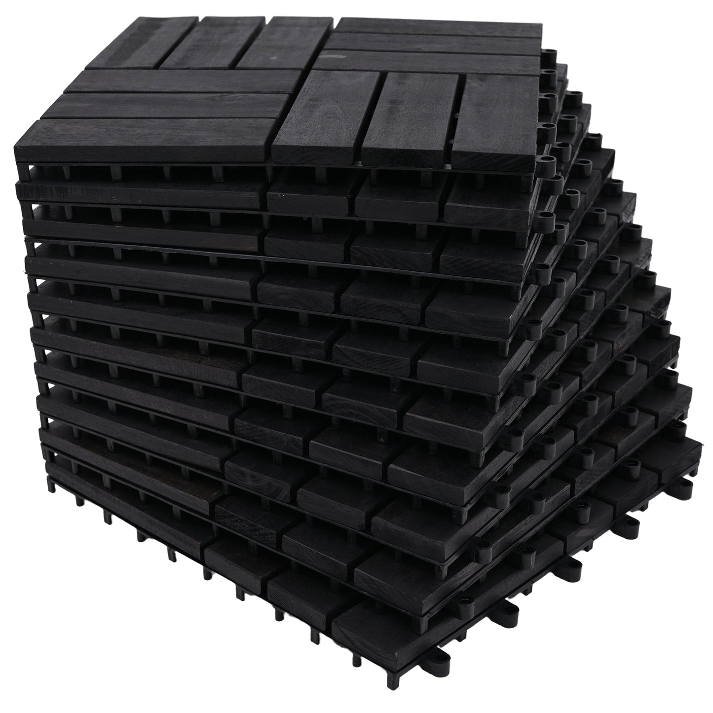 Bliss Outdoors Hardwood 12-Slat Interlocking Wood Deck Tiles, Black, Set of 30