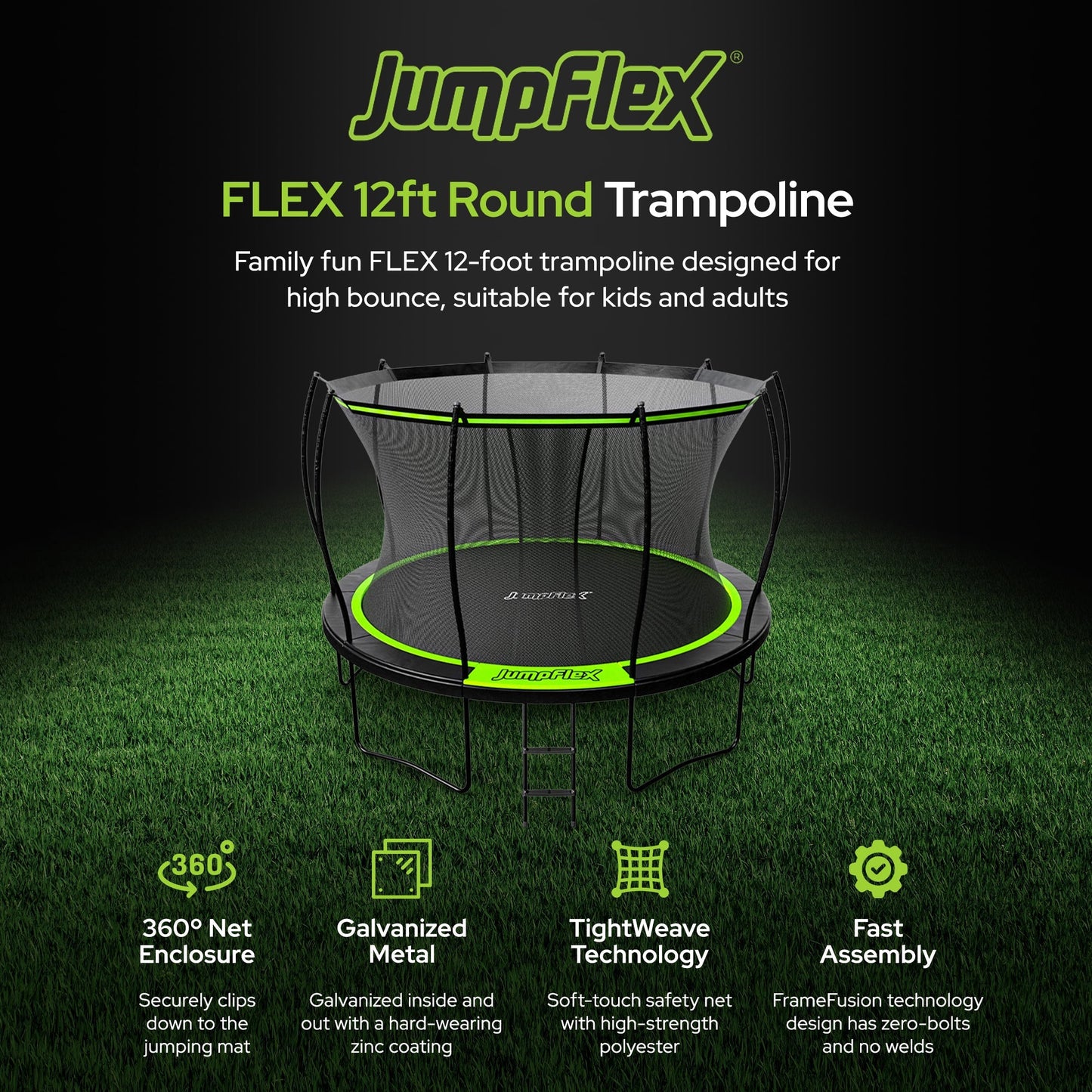 Jumpflex FLEX 12' Round Trampoline, Outdoor Play Equipment & Safety Net & Ladder