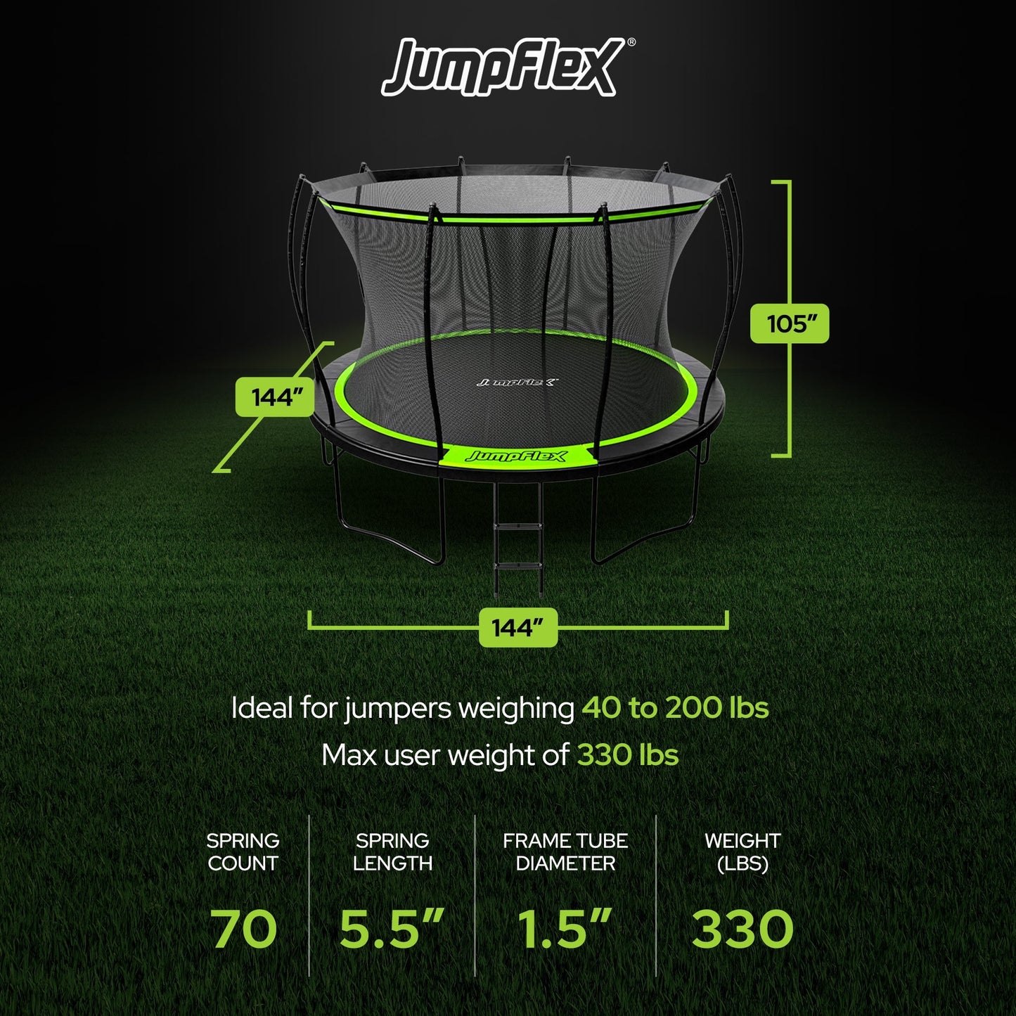 Jumpflex FLEX 12' Round Trampoline, Outdoor Play Equipment & Safety Net & Ladder
