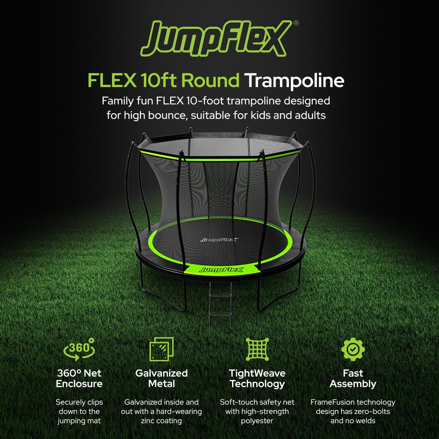 Jumpflex FLEX 10' Round Trampoline, Outdoor Play Equipment & Safety Net & Ladder