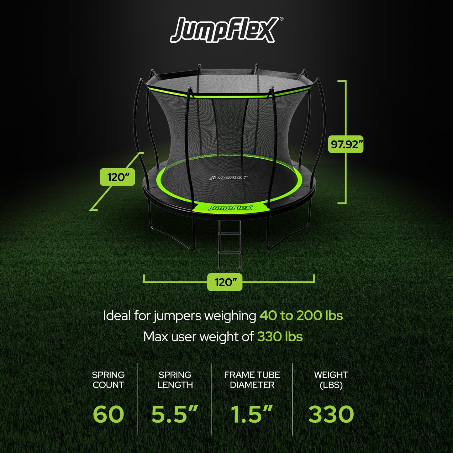 Jumpflex FLEX 10' Round Trampoline, Outdoor Play Equipment & Safety Net & Ladder