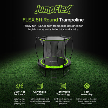 Jumpflex FLEX 8' Round Trampoline, Outdoor Play Equipment w/ Safety Net & Ladder