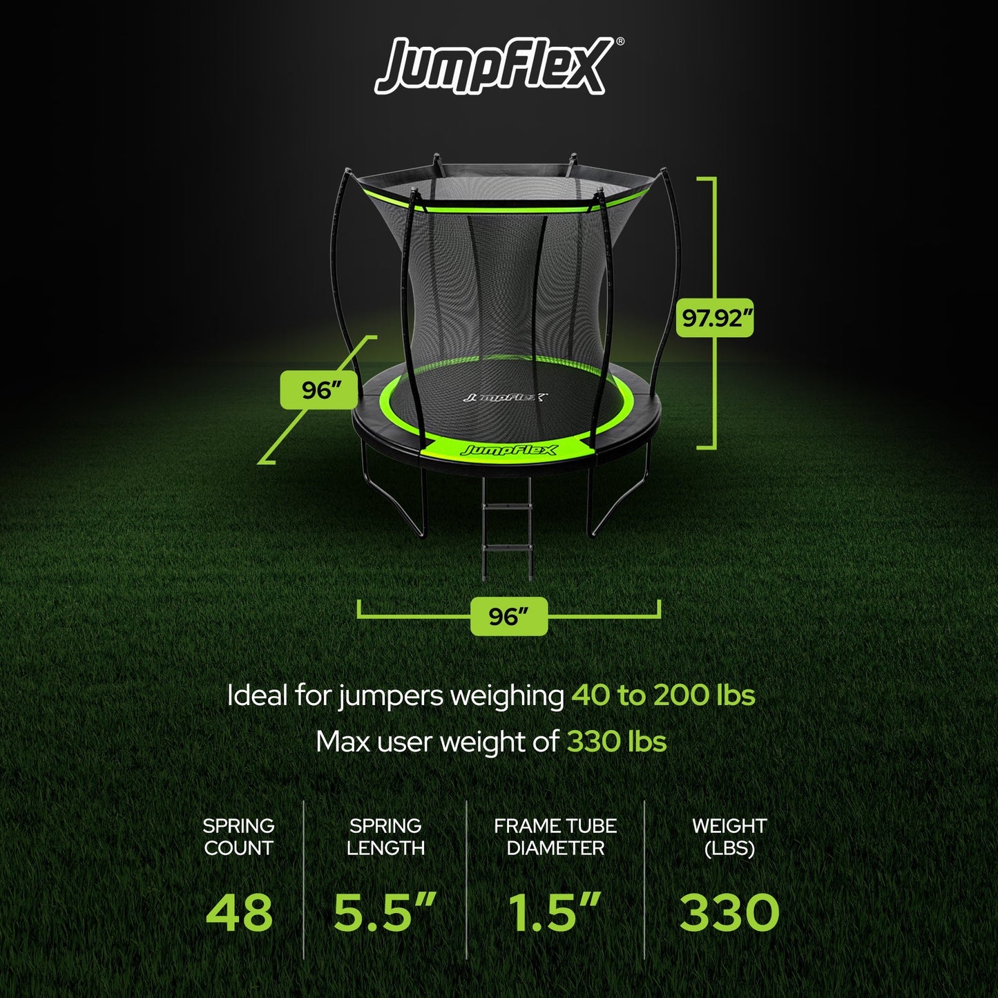 Jumpflex FLEX 8' Round Trampoline, Outdoor Play Equipment w/ Safety Net & Ladder