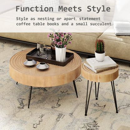 COZAYH 2 Piece Round Coffee Tables, Wooden Living Room Furniture, Ring Pattern