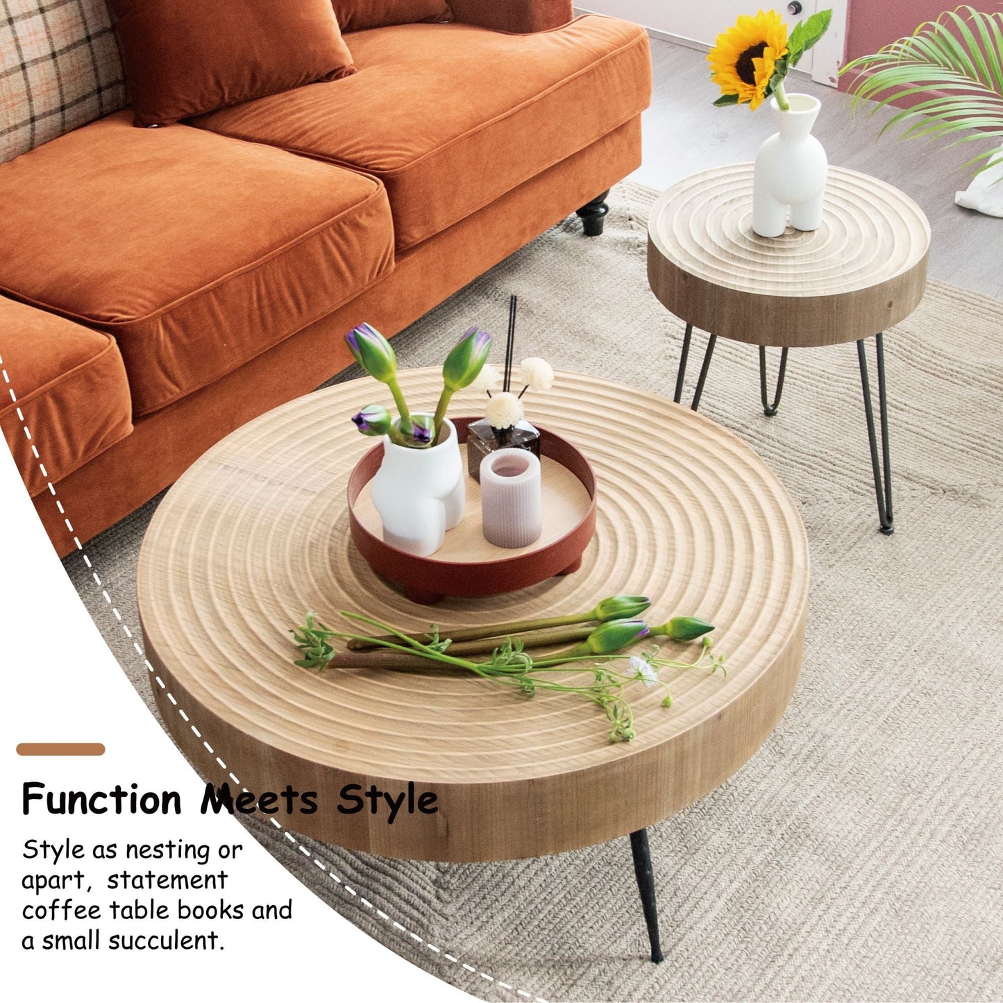 COZAYH 2 Piece Round Coffee Tables, Wooden Living Room Furniture, Ring Pattern