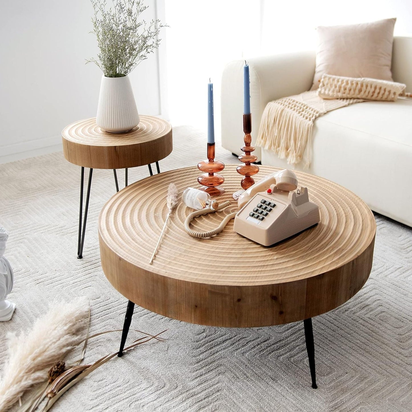 COZAYH 2 Piece Round Coffee Tables, Wooden Living Room Furniture, Ring Pattern