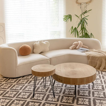 COZAYH 2 Piece Round Coffee Tables, Wooden Living Room Furniture, Ring Pattern