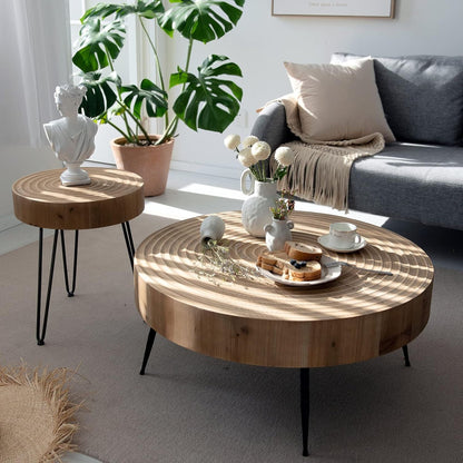 COZAYH 2 Piece Round Coffee Tables, Wooden Living Room Furniture, Ring Pattern