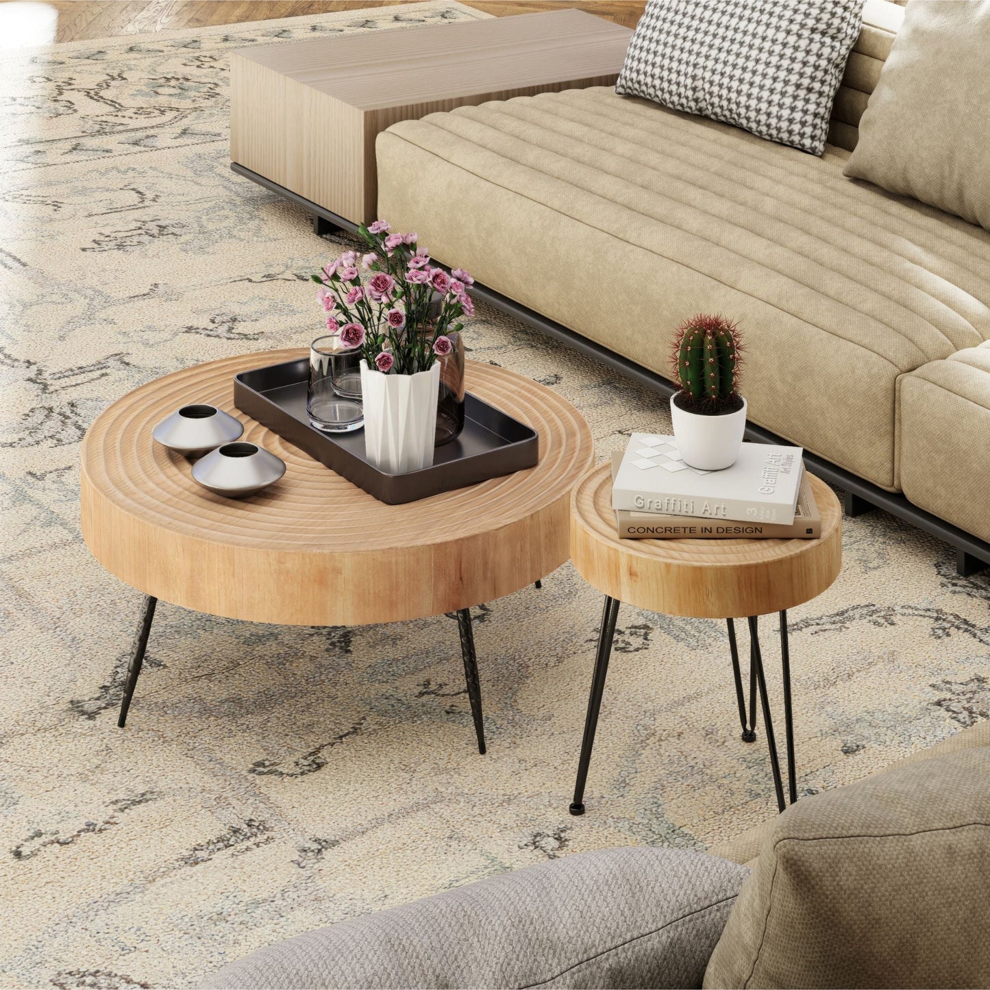 COZAYH 2 Piece Round Coffee Tables, Wooden Living Room Furniture, Ring Pattern