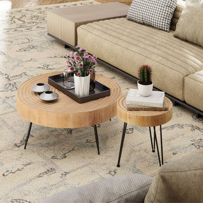 COZAYH 2 Piece Round Coffee Tables, Wooden Living Room Furniture, Ring Pattern