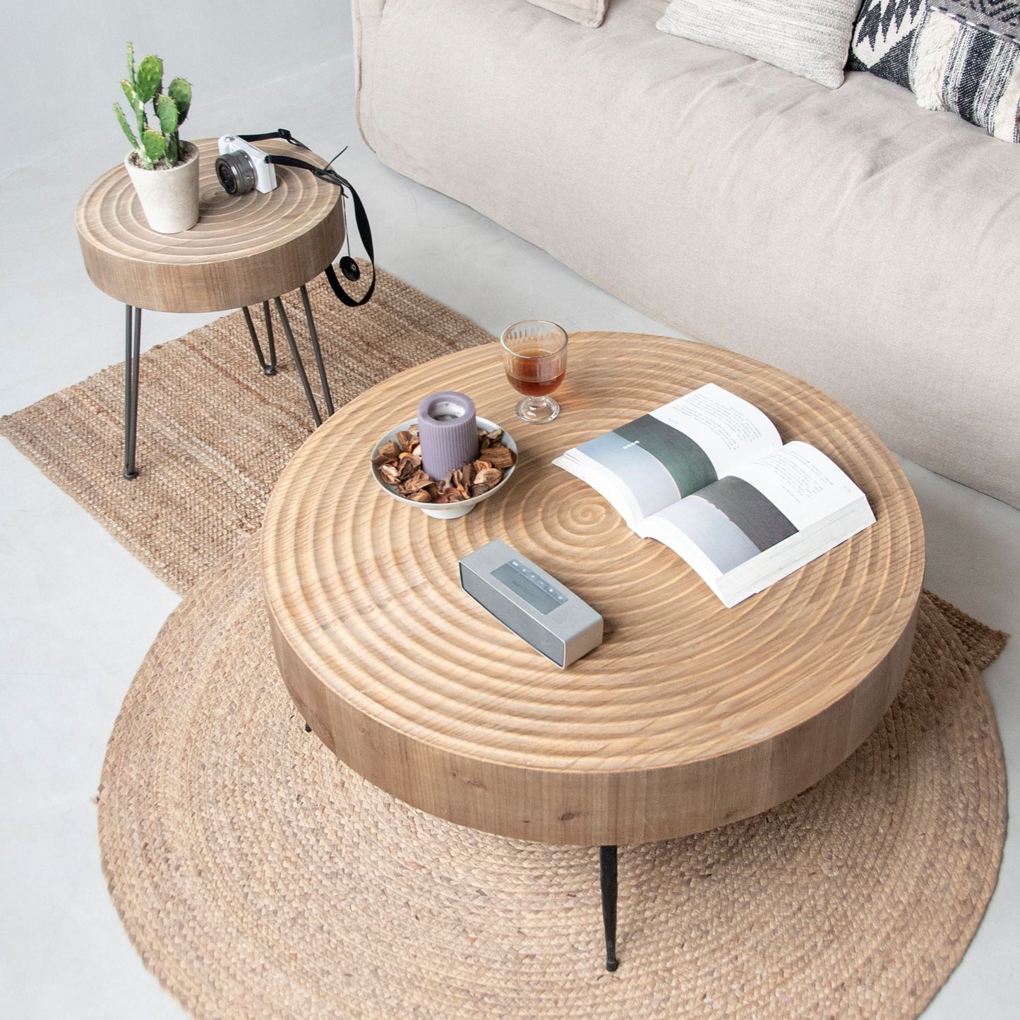 COZAYH 2 Piece Round Coffee Tables, Wooden Living Room Furniture, Ring Pattern