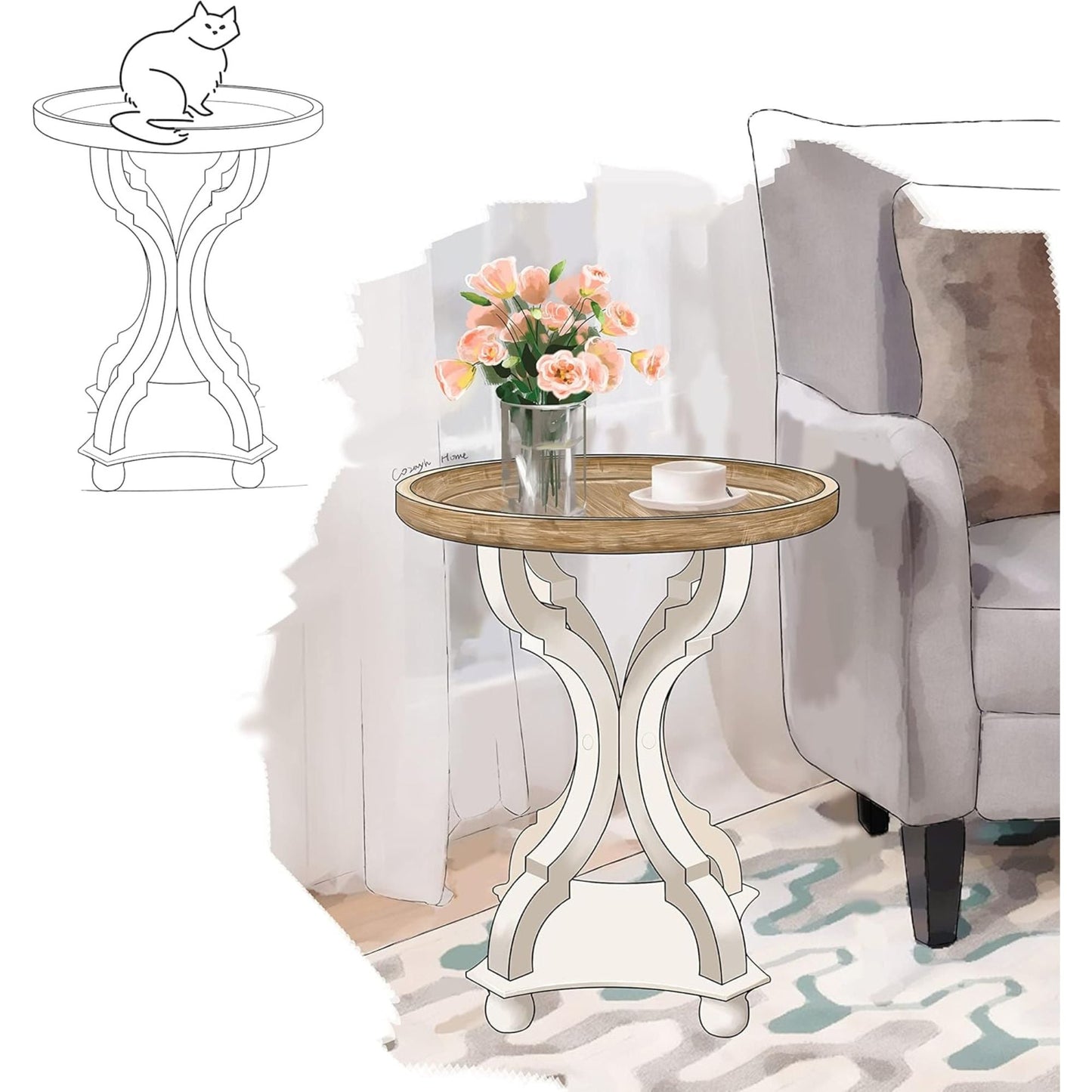 COZAYH Round Rustic Wood End Table Accent Nightstand Side Table, Bedroom, White