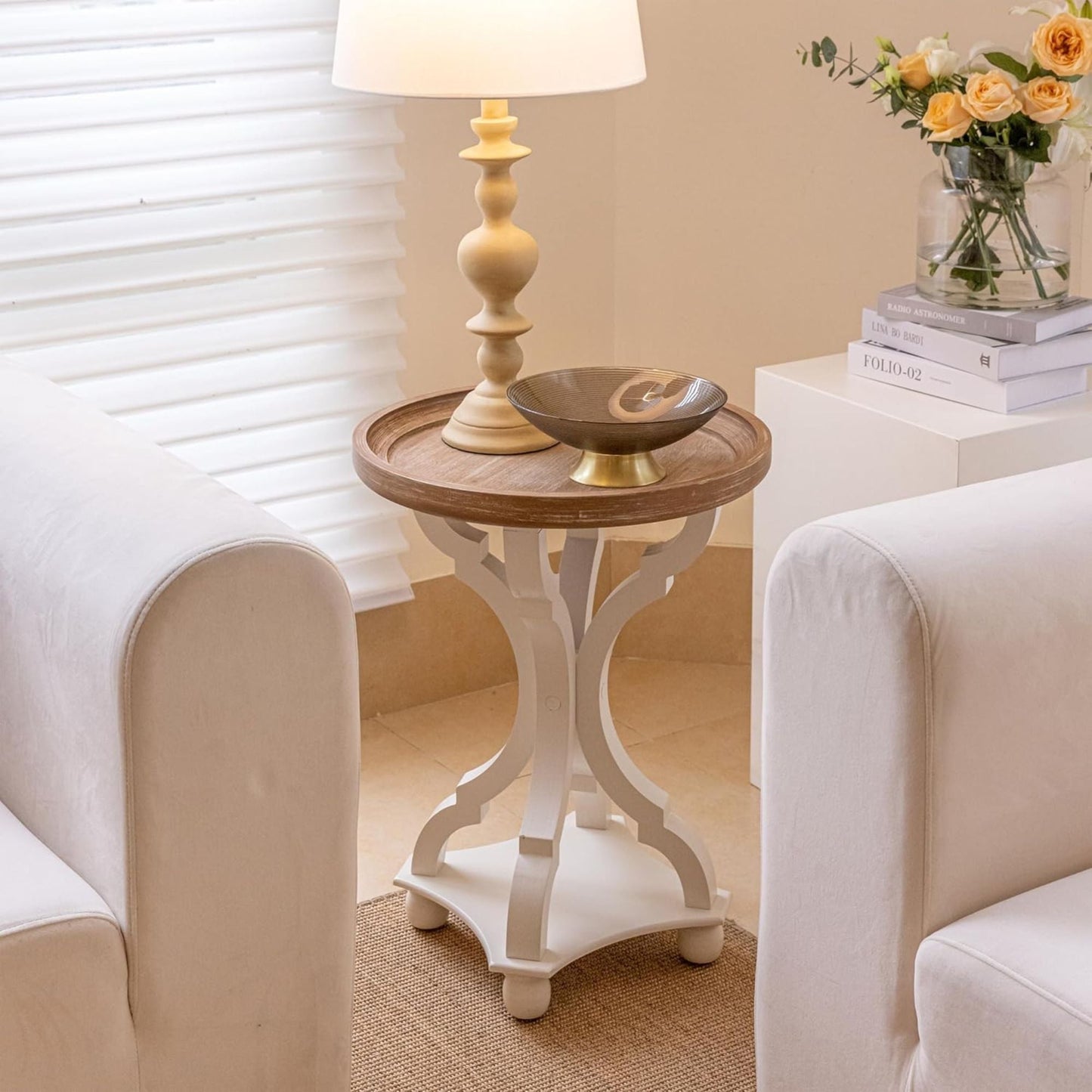 COZAYH Round Rustic Wood End Table Accent Nightstand Side Table, Bedroom, White
