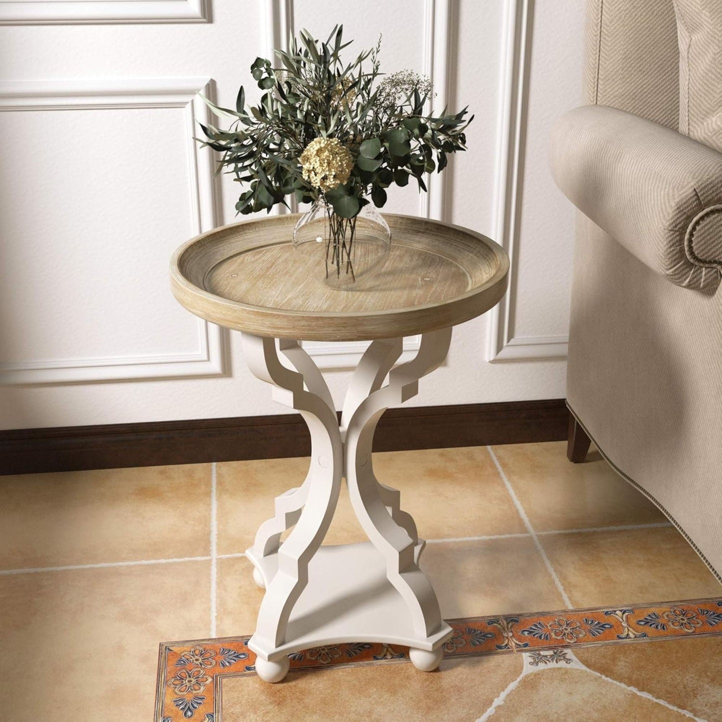 COZAYH Round Rustic Wood End Table Accent Nightstand Side Table, Bedroom, White
