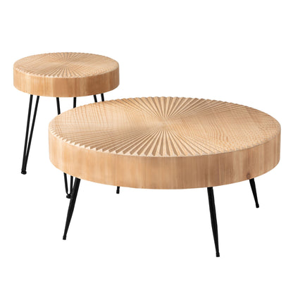 COZAYH 2 Piece Round Coffee Tables, Wooden Living Room Furniture, Radial Pattern