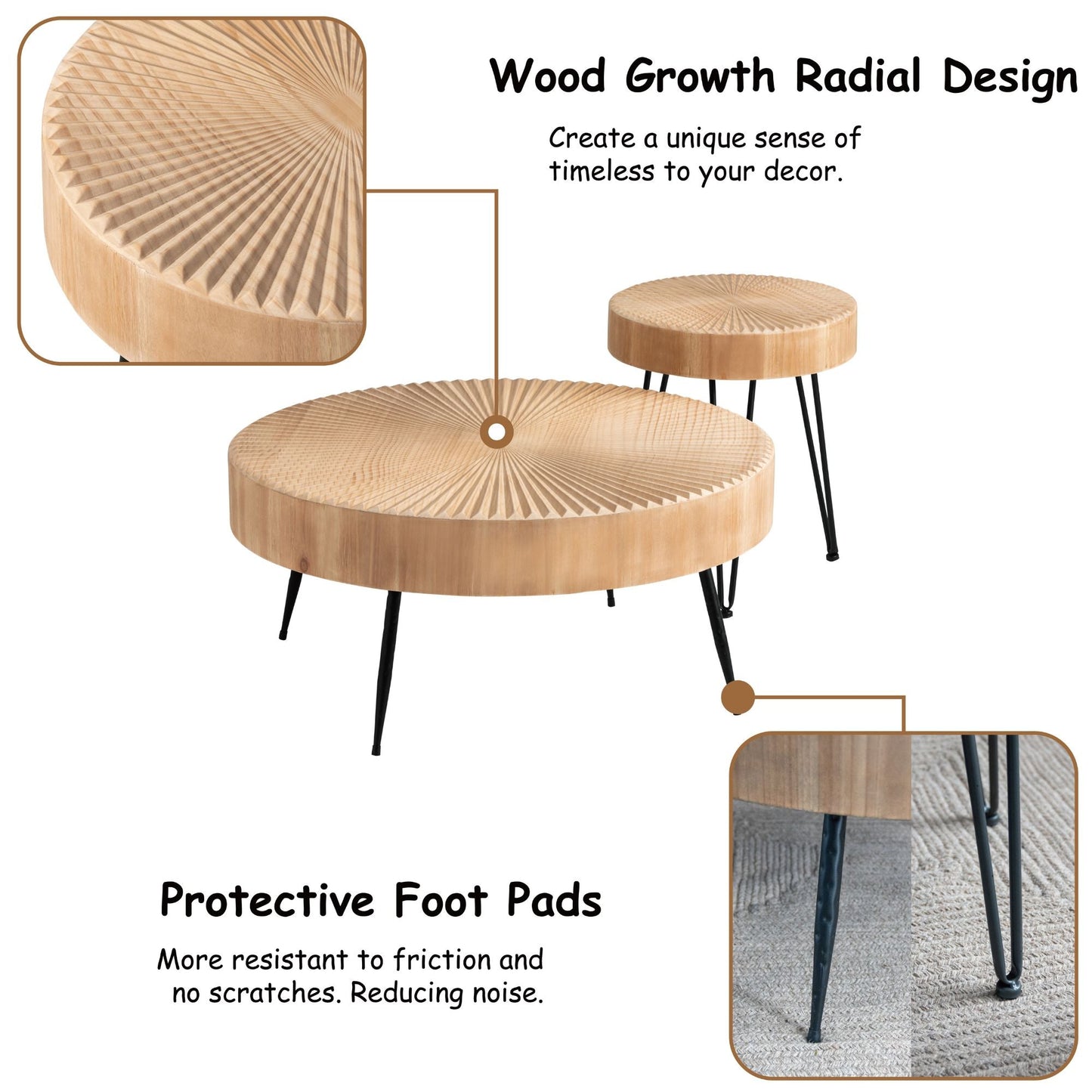 COZAYH 2 Piece Round Coffee Tables, Wooden Living Room Furniture, Radial Pattern