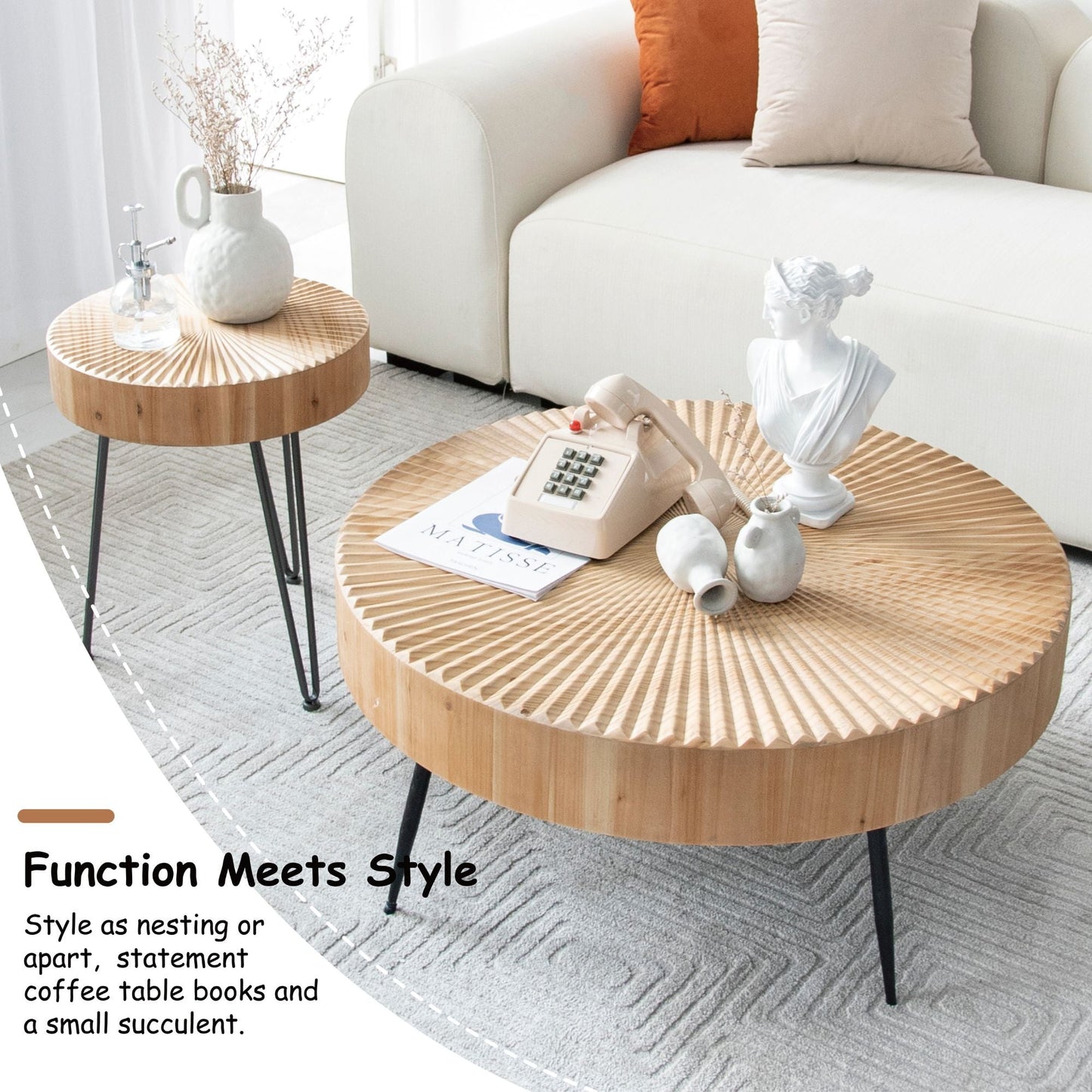 COZAYH 2 Piece Round Coffee Tables, Wooden Living Room Furniture, Radial Pattern