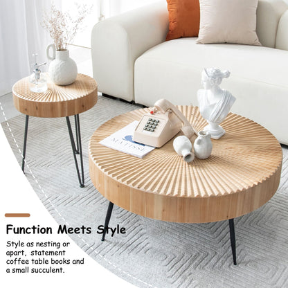 COZAYH 2 Piece Round Coffee Tables, Wooden Living Room Furniture, Radial Pattern