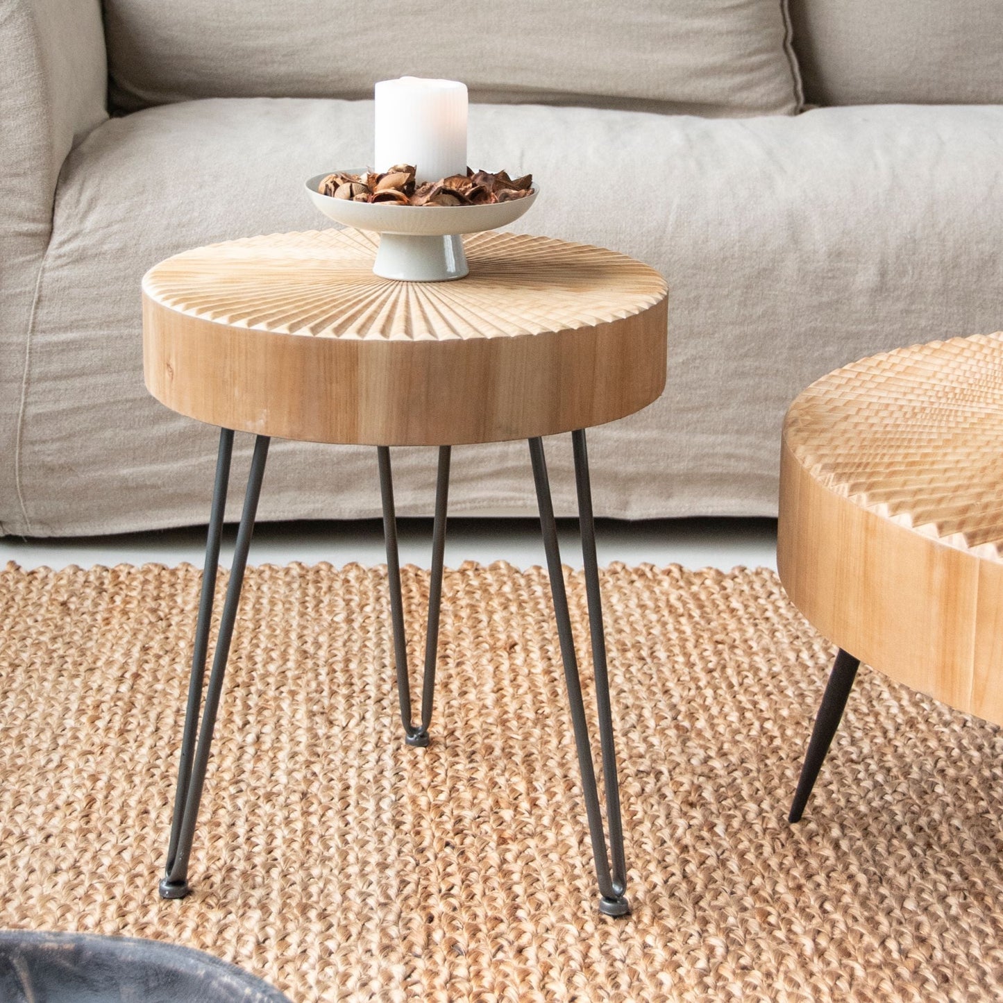 COZAYH 2 Piece Round Coffee Tables, Wooden Living Room Furniture, Radial Pattern