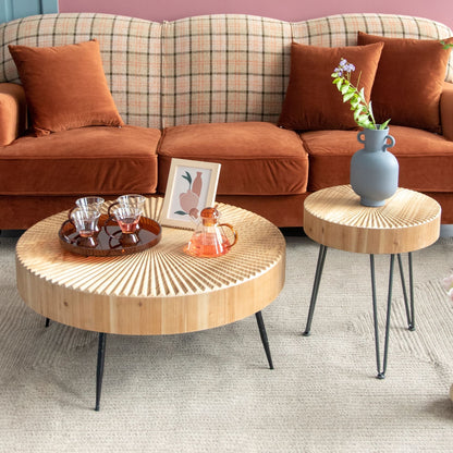COZAYH 2 Piece Round Coffee Tables, Wooden Living Room Furniture, Radial Pattern