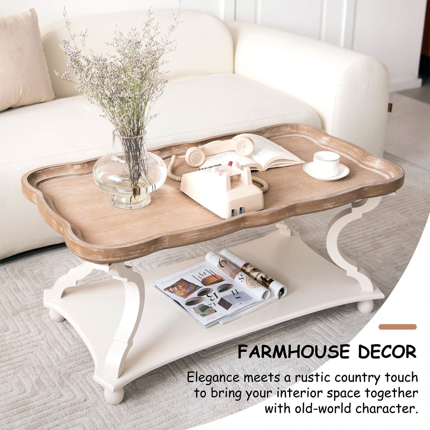 COZAYH Rustic Farmhouse Coffee Table w/ Tray Top & Storage Shelf, Natural/White