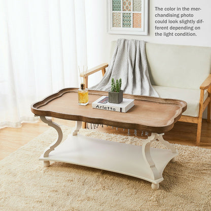 COZAYH Rustic Farmhouse Coffee Table w/ Tray Top & Storage Shelf, Natural/White