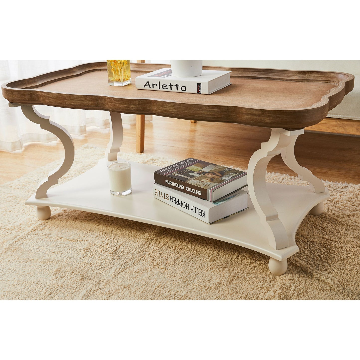 COZAYH Rustic Farmhouse Coffee Table w/ Tray Top & Storage Shelf, Natural/White