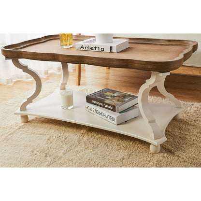 COZAYH Rustic Farmhouse Coffee Table w/ Tray Top & Storage Shelf, Natural/White