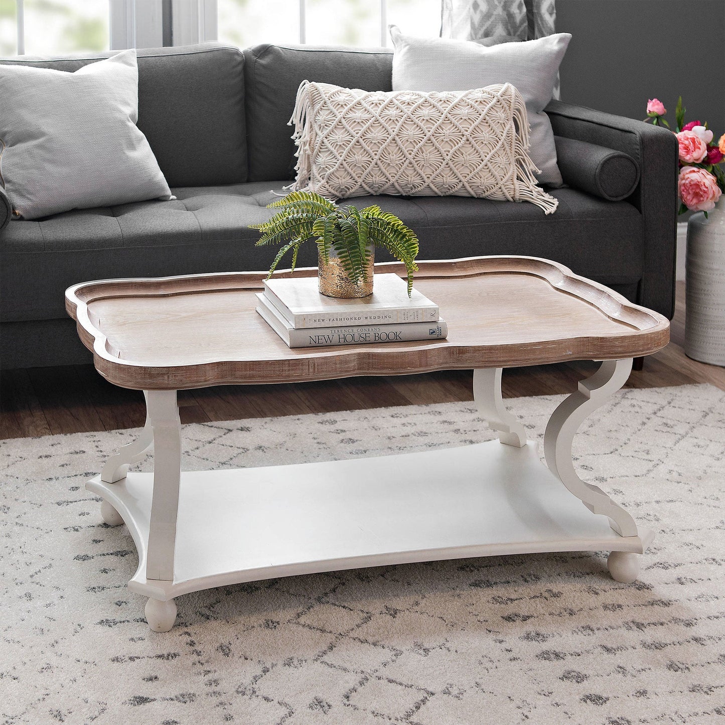 COZAYH Rustic Farmhouse Coffee Table w/ Tray Top & Storage Shelf, Natural/White