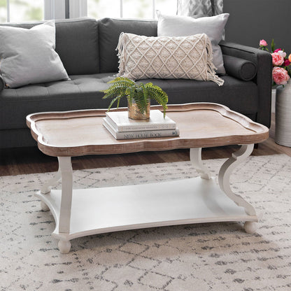 COZAYH Rustic Farmhouse Coffee Table w/ Tray Top & Storage Shelf, Natural/White
