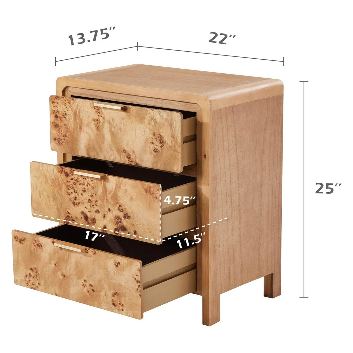 COZAYH Farmhouse 3 Drawer Home Bedroom Nightstand with Burl Wood Finish, Natural