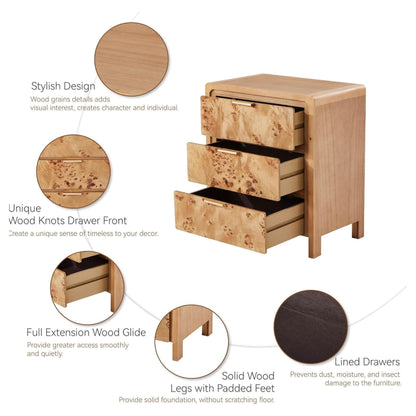 COZAYH Farmhouse 3 Drawer Home Bedroom Nightstand with Burl Wood Finish, Natural