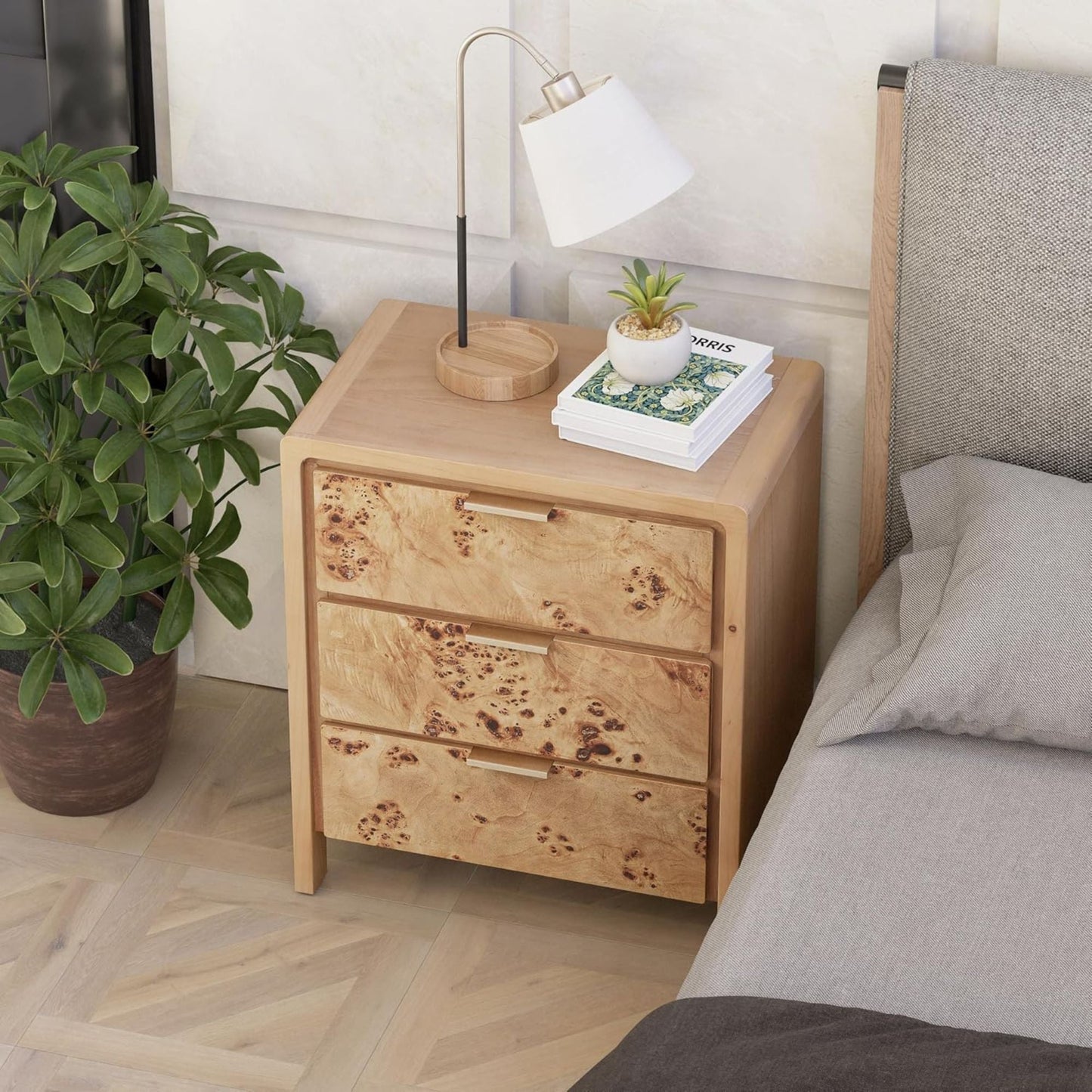 COZAYH Farmhouse 3 Drawer Home Bedroom Nightstand with Burl Wood Finish, Natural