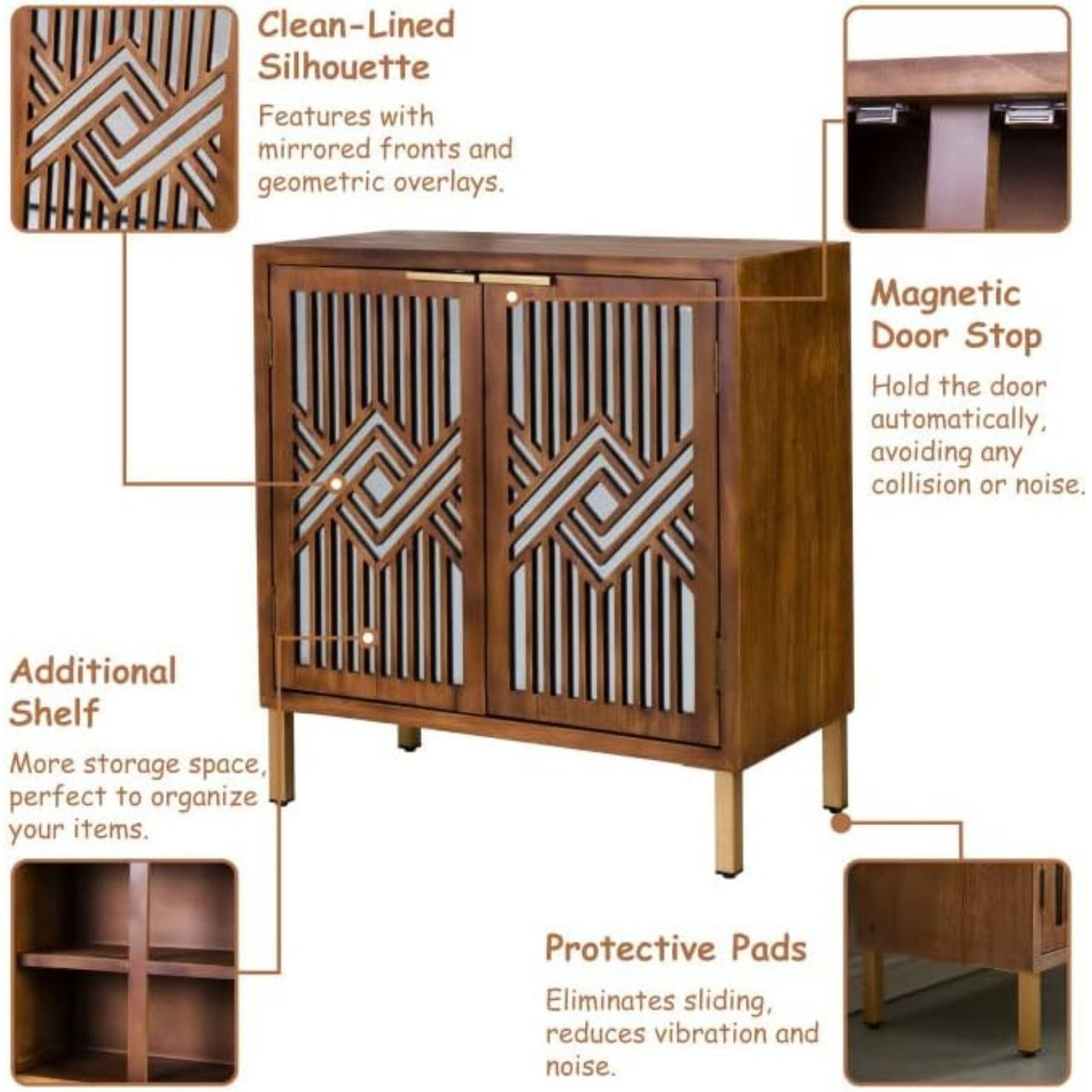 COZAYH 2 Door Modern Accent Cabinet Mirror Front Storage Sideboard, Metal, Wood