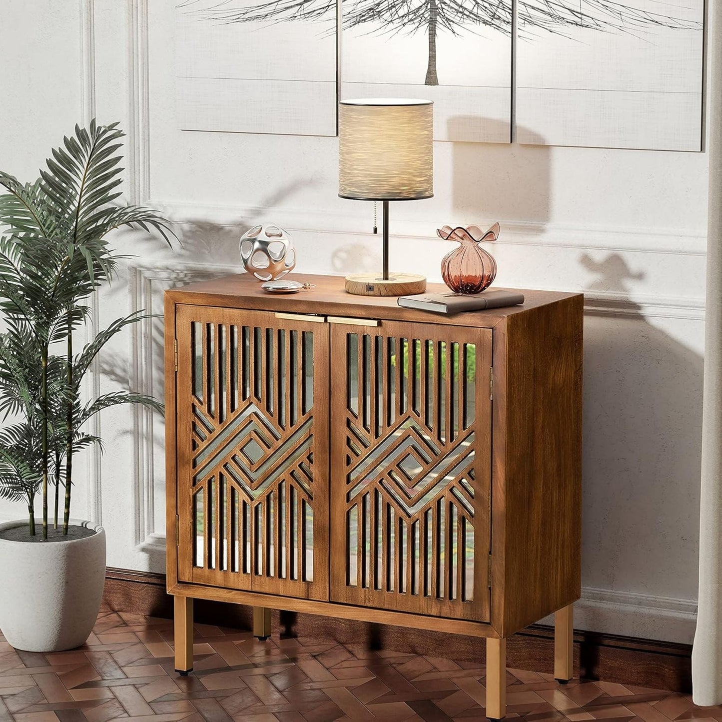 COZAYH 2 Door Modern Accent Cabinet Mirror Front Storage Sideboard, Metal, Wood