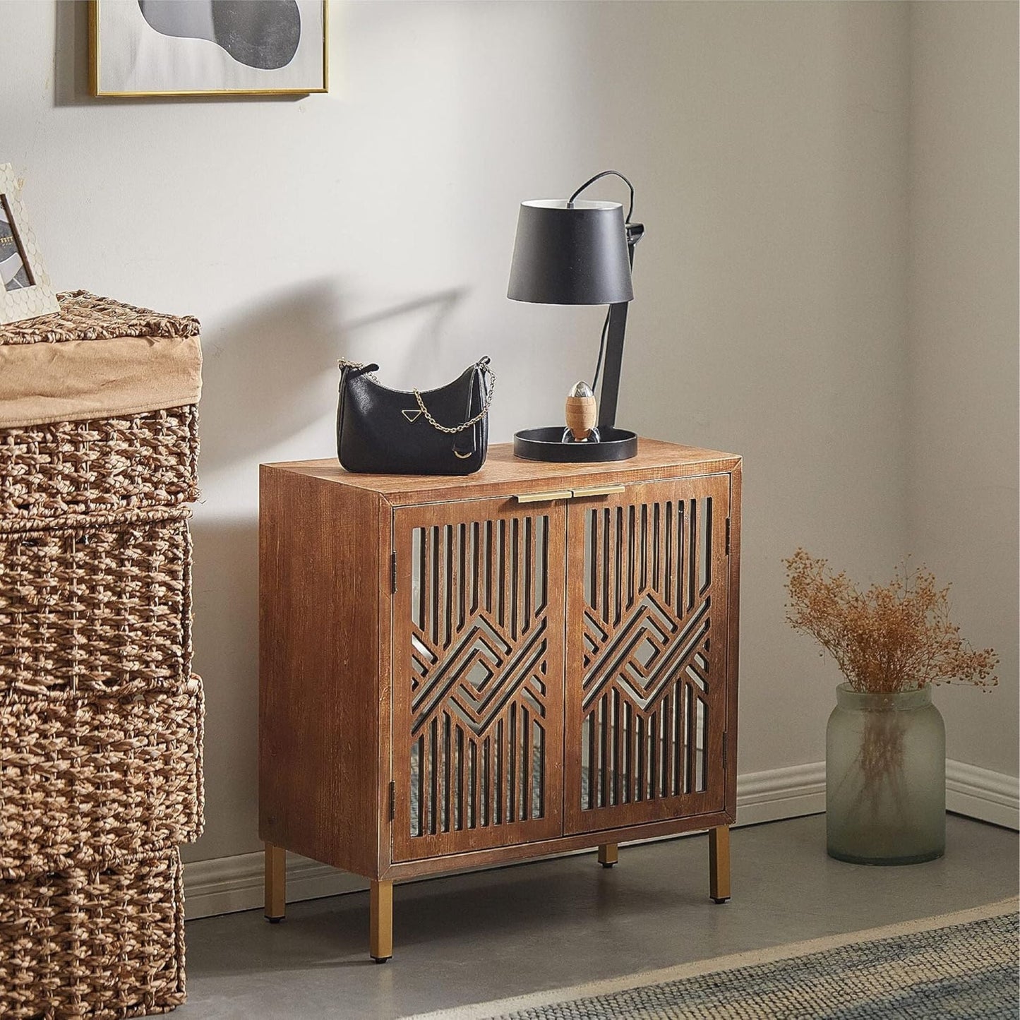 COZAYH 2 Door Modern Accent Cabinet Mirror Front Storage Sideboard, Metal, Wood