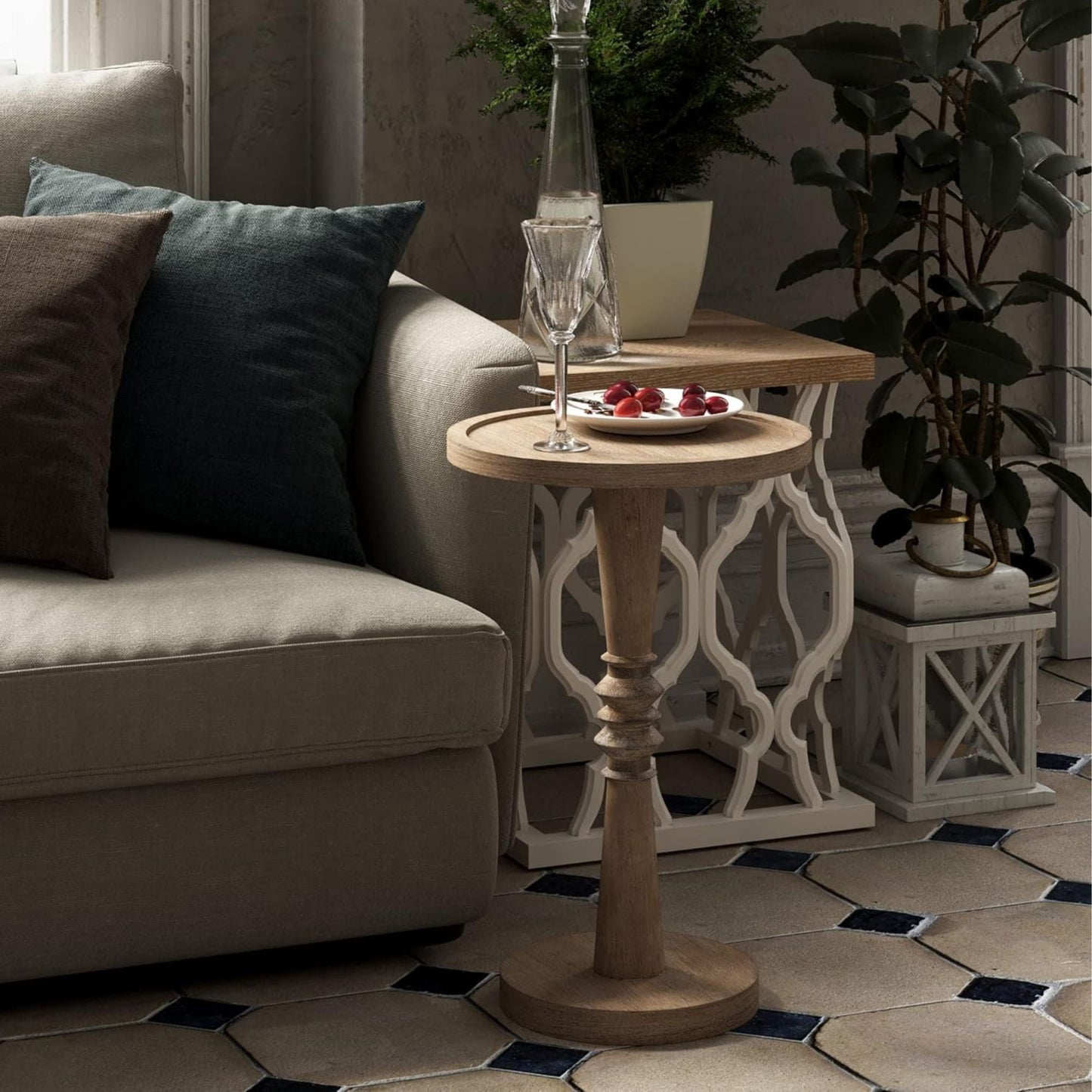 COZAYH Pedestal Tray Top End Table for Holding Drinks, Lamps or Plants,  Brown