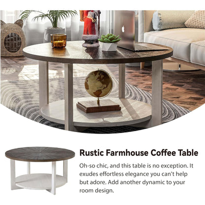 COZAYH Rustic Farmhouse Large Round Wood Coffee Table with Storage Shelf, Brown