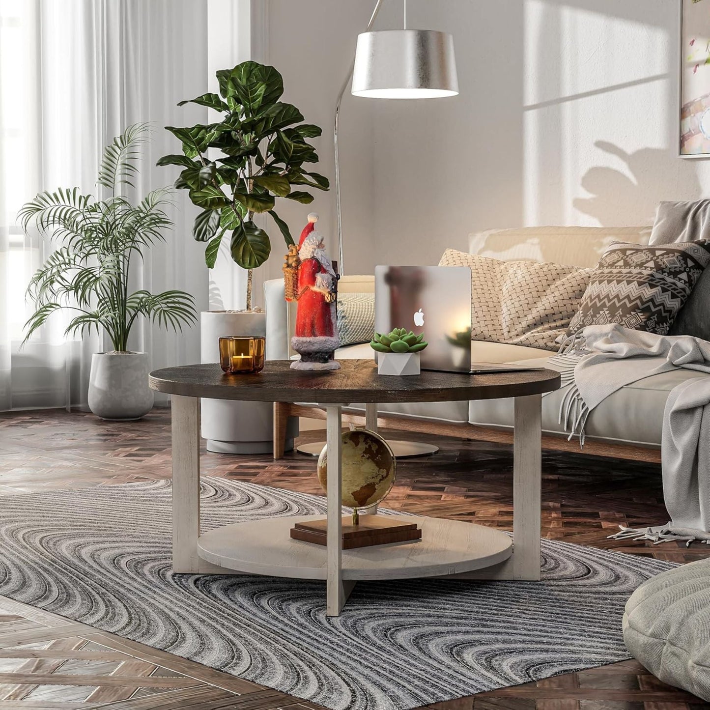 COZAYH Rustic Farmhouse Large Round Wood Coffee Table with Storage Shelf, Brown